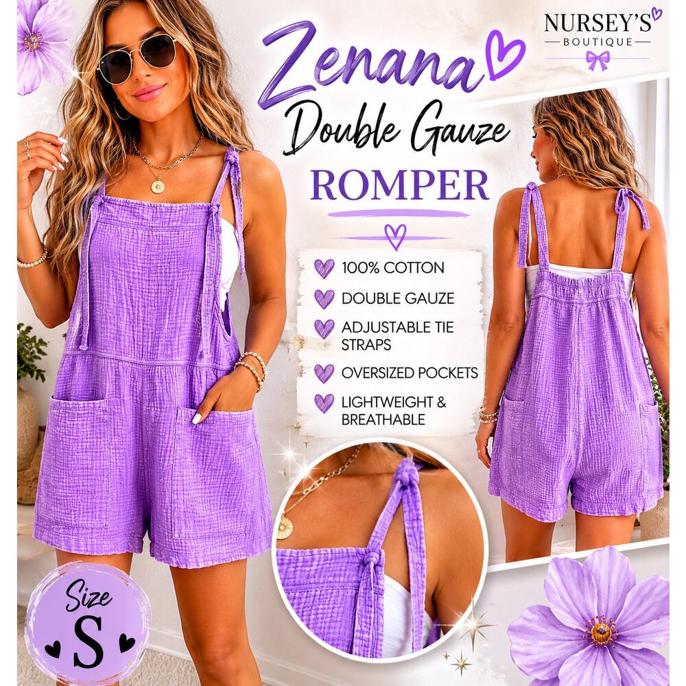 NIB Zenana Lavender Double Gauze Romper Shortalls Cotton Pocket Overall Small